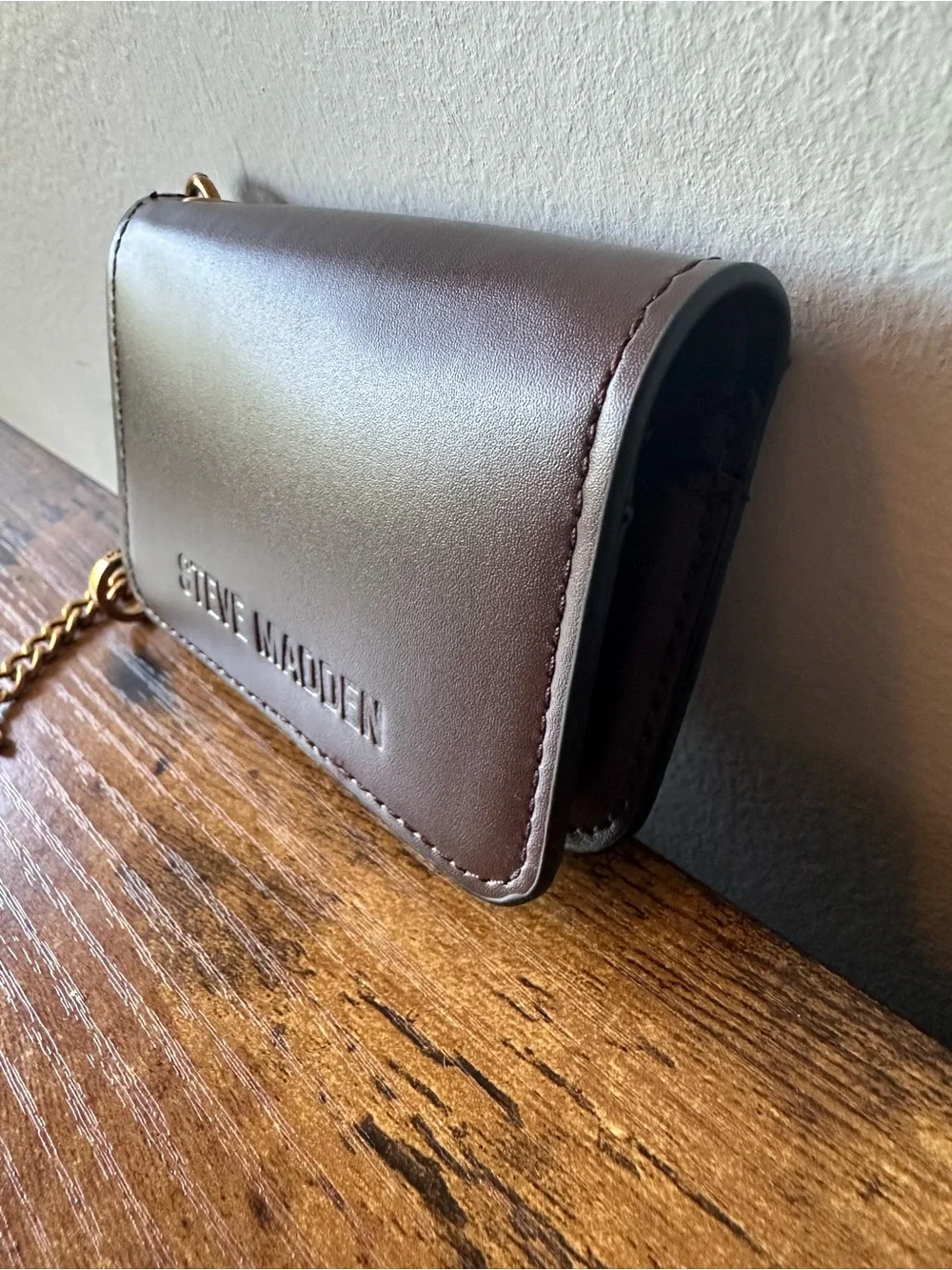 Steve Madden Brown Faux Leather Card Case Bag Charm Keychain Gold Hardware NWOT
